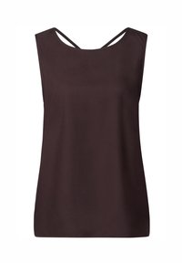 Haut sans manches marron foncé avec un col arrondi. Présente une texture lisse et de fines bretelles croisées dans le dos. Design simple et minimaliste.
