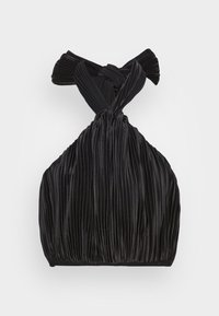 Saco de tecido plissado preto com um design em nó na parte superior. Apresenta uma textura suave e uma forma arredondada, adequado para várias ocasiões.