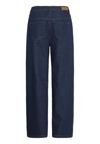 Tmavomodré široké džínsy z denimu, s vysokým pásom, dvoma zadnými vreckami a etiketou na páse.