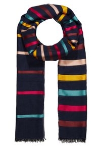 Écharpe marine à rayures horizontales rouges, jaune moutarde, bleu sarcelle, marron et beige, avec des extrémités frangées.