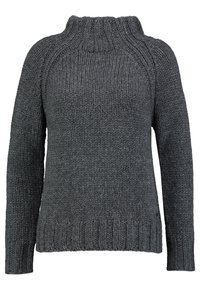 Šedý pletený svetr s vysokým límcem, žebrovanými manžetami a lemem, a texturovaným, robustním designem. Má raglánové rukávy.