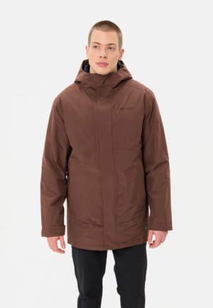 Braune wasserdichte Jacke mit Kapuze und Reißverschluss, ausgestattet mit einem minimalistischen Design, geradem Schnitt und großen Seitentaschen.