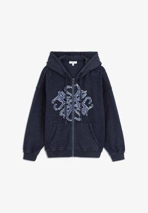 Marinefarbener Zip-Hoodie mit einem vintage Design, ausgestattet mit einem großen hellblauen gestickten Muster auf der Vorderseite und zwei Fronttaschen.