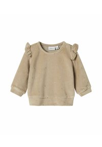 Beige fleecetrui met gerimpelde schouderaccenten, getextureerde stippen en elastische manchetten. Heeft een ronde halslijn en een geribbelde zoom.