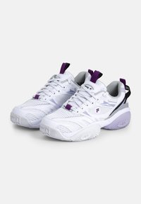 White athletic shoes with a mesh design, accented in purple and grey. Features laces, heel pull tabs, and textured rubber soles.