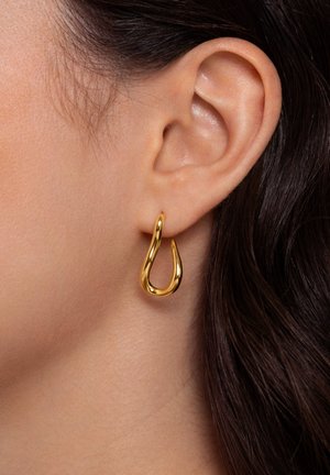 Orecchino a goccia d'oro con finitura lucida, caratterizzato da una forma curva e liscia. Attaccato al lobo, mette in risalto la sua superficie riflettente.