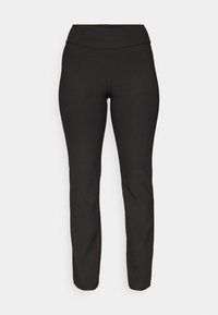 Pantalons noirs ajustés en matière extensible. Présentent une taille haute et une coupe droite, avec une texture lisse et sans motifs visibles.