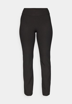 Čierne slim-fit nohavice vyrobené z elastického materiálu. Obsahujú vysoký pás a rovný strih, s hladkou textúrou a bez viditeľných vzorov.