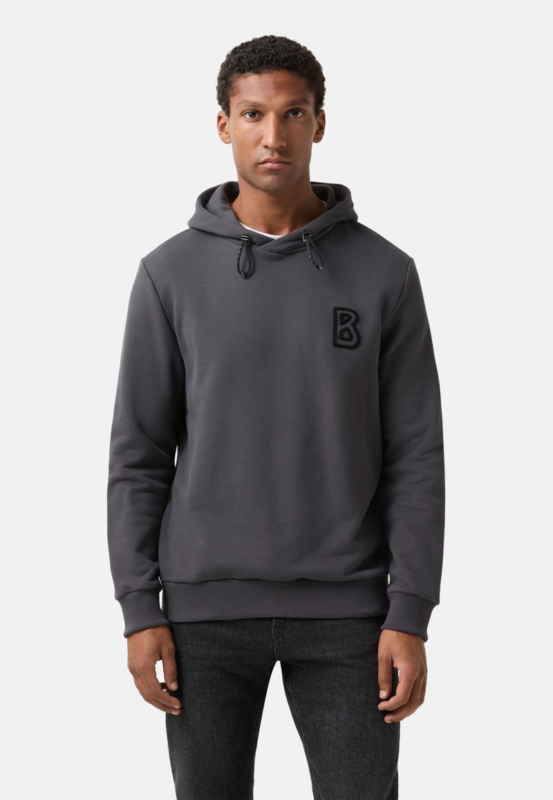 Grijze hoodie van zacht materiaal, met een kangoeroezak, trekkoorden en een geborduurd "B"-logo op de borst. Casual pasvorm.