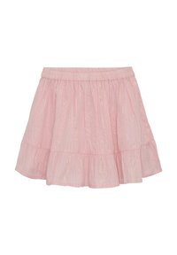 Rosa lagerkjol i lättviktsmaterial med subtila metalliska ränder, elastisk midja och en flödande, utsvängd design.