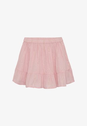 Jupe rose à étages en tissu léger, dotée de rayures métalliques subtiles, d'une taille élastique et d'un design fluide et évasé.