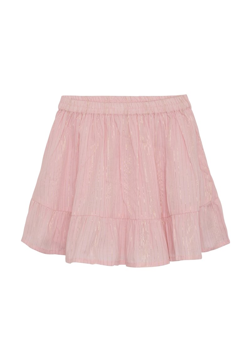 Rosa lagerkjol i lättviktsmaterial med subtila metalliska ränder, elastisk midja och en flödande, utsvängd design.