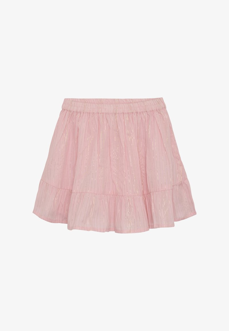 Roze tierde rok van een lichtgewicht stof, met subtiele metalen strepen, een elastische tailleband en een vloeiende, uitlopende uitstraling.