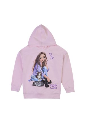 Rosa Kapuzenpullover mit einem Grafikmotiv eines Charakters mit langen Haaren und zwei Katzen, beschriftet mit "Top Model" in Lila in der unteren rechten Ecke.
