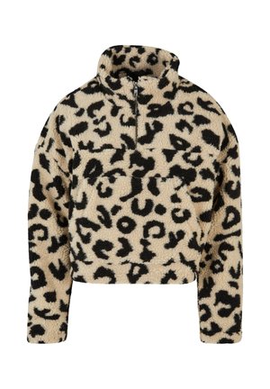 Pulover crem din fleece sherpa cu imprimeu neregulat leopard negru, guler înalt, fermoar pe jumătate, mâneci lungi și buzunar frontal tip marsupiu.