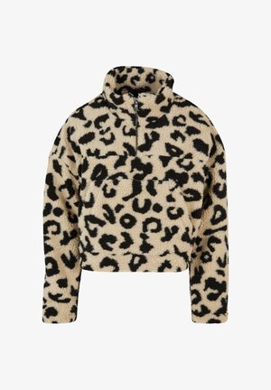 Bézs sherpa polár pulóver fekete, szabálytalan leopárdmintával, magas gallérral, fél cipzárral, hosszú ujjakkal és elülső erszényzsebbel.