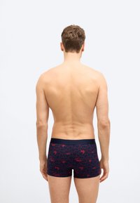 Άνδρας που στέκεται με την πλάτη προς την κάμερα, φοράει σκούρα μπλε σλιπ μπόξερ με κόκκινα μοτίβα καρδιών, μπροστά σε απλό φωτεινό φόντο.