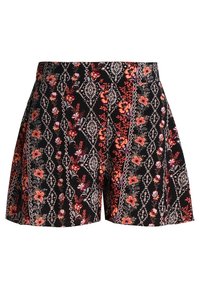Pantalones cortos negros con un patrón floral en rosa, naranja y púrpura, con un diseño de diamantes y detalles intrincados a lo largo de los lados.