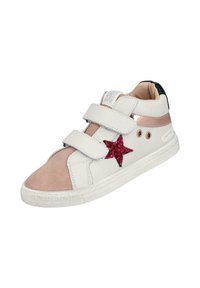 Zapatilla blanca y rosa con puntera de ante, detalle de estrella roja brillante, dos correas de Velcro ajustables y suela de goma texturizada.