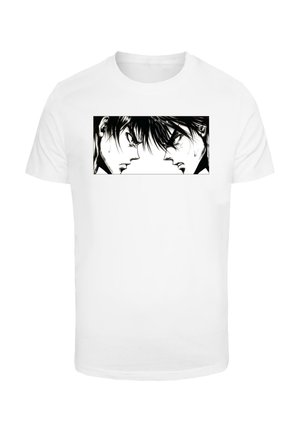Fehér, rövid ujjú póló, fekete-fehér grafikával, amelyen két profilban látható arc feszültséget kifejezve, részletes hajjal és arcjátékokkal.