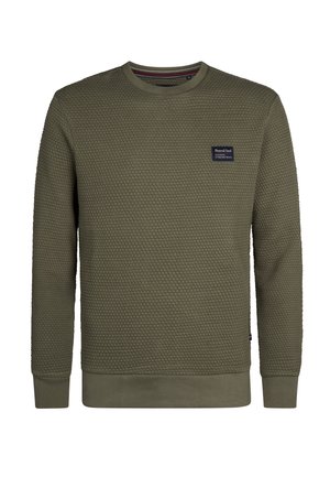 Oliwkowy sweter z teksturowanym wzorem w plaster miodu, z prążkowanym dekoltem i mankietami. Ma małą granatową metkę na klatce piersiowej.