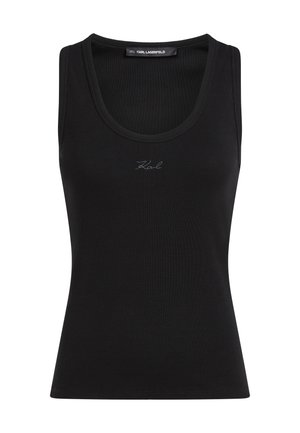 Μαύρο ριγέ αμάνικο τοπ με στρογγυλή λαιμόκοψη και μικρό κεντημένο λογότυπο "Karl" στο στήθος, ετικέτα Karl Lagerfeld στο εσωτερικό της λαιμόκοψης.
