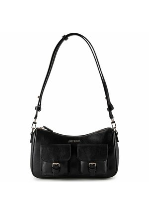 Borsa a tracolla in pelle nera con due tasche frontali con fibbie e tracolla regolabile, marchiata GUESS con chiusura superiore con cerniera.