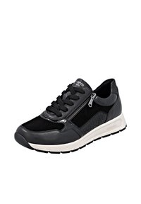 Schwarze Sneaker aus einer Kombination von glattem Leder und strukturiertem Reptilmuster. Ausgestattet mit Schnürsenkeln, einem seitlichen Reißverschluss und einer weißen gepolsterten Sohle.