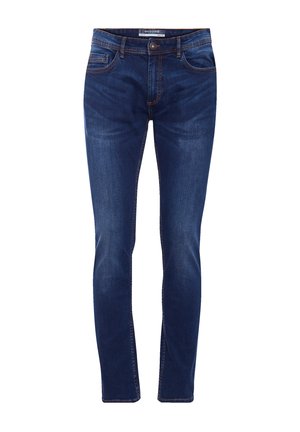 Dark blue denim jeans with a slim fit, five-pocket design, and visible stitching. Features a standard waistband and zipper fly.