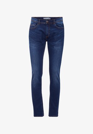 Dunkelblaue Denim-Jeans mit Slim-Fit, Fünf-Taschen-Design und sichtbarem Nähen. Verfügt über einen normalen Bund und einen Reißverschluss.