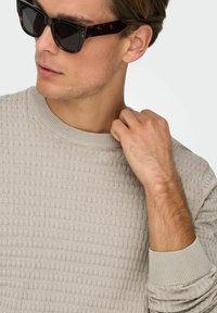 Pull beige texturé avec un col rond côtelé et des poignets. La personne porte des lunettes de soleil écaille de tortue noire et marron.