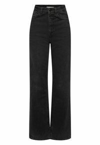 Pantalones vaqueros de denim negros de cintura alta con corte de pierna ancha, que presentan dos botones en la parte delantera, un desvanecimiento sutil y un diseño clásico de cinco bolsillos.