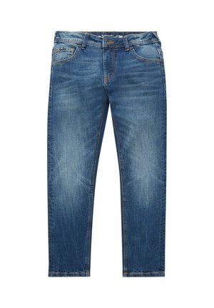 Blå denim jeans med falmede front, fem lommer, knap- og lynlås-lukning, lige snit og synlige sømdetaljer.