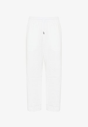 Pantaloni bianchi fino al ginocchio con una vita elastica, cordino e due tasche laterali; tessuto liscio e leggero.