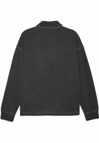 Sort sweatshirt med lange ærmer, en foldet krave og en glat tekstur, der har en ren ryg uden synlige designelementer.