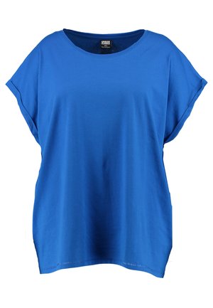 Blauw T-shirt met korte mouwen van katoen, met een losse pasvorm, ronde halslijn en een gebogen zoom voor comfort en bewegingsvrijheid.