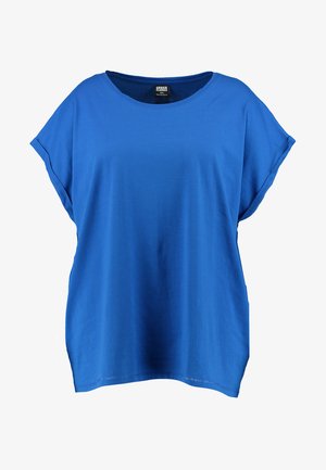 Camiseta azul de manga corta hecha de algodón, con un corte holgado, escote redondo y un dobladillo curvado para mayor comodidad y facilidad de movimiento.