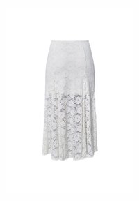 Hvid blonde midi-nederdel med blomstermønstre, svajet silhuet og en tekstureret overflade. Har en glat talje og lagdelt design.