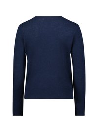 Maglione blu navy in maglia con maniche lunghe, scollo rotondo e orlo a coste. La texture appare morbida con una finitura leggermente trasparente.