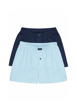 Deux paires de boxers pour hommes, un bleu foncé uni et un bleu clair avec un motif géométrique subtil, tous deux dotés d'une ceinture élastique et d'une braguette à boutons.