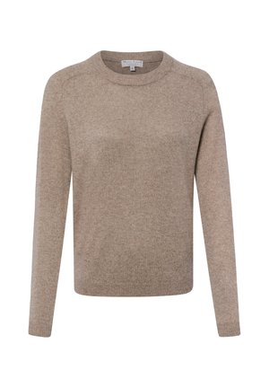 Beżowy sweter z dzianiny z długim rękawem, okrągłym dekoltem i prążkowanymi mankietami oraz dołem, rozmiar small, wykonany z miękkiego materiału.