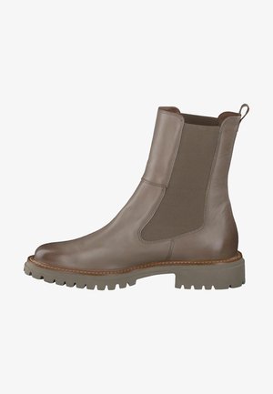 Braune Leder-Ankle-Boots mit elastischen Seitenpaneelen, einer abgerundeten Spitze und einer robusten grauen Sohle. Verfügt über eine Nahtdetails entlang des Randes.