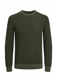 Pull vert texturé avec un col rond et des manches longues. Poignets et ourlet côtelés, présentant un motif subtil sur l'ensemble du tissu.