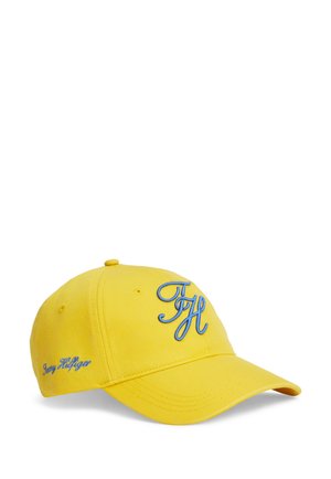 Yellow baseball cap with blue "TH" initials on front and "Tommy Hilfiger" embroidered on side.