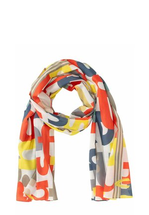 Kleurige sjaal met een geometrisch patroon in rood, geel, grijs en blauw. Gemaakt van lichtgewicht stof met een gladde textuur en een zachte drape.