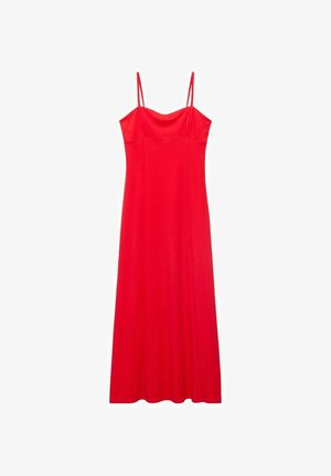 Czerwona maksymalna sukienka na ramiączkach spaghetti z dopasowanym gorsetem i zwiewnym dołem. Wykonana z gładkiego materiału, o prostym wzorze bez nadruków.