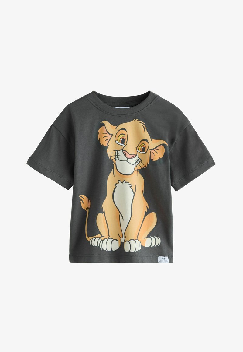 Graues Baumwoll-T-Shirt mit kurzen Ärmeln, das eine große, farbenfrohe Grafik eines lächelnden Löwenjungen zeigt. Standardpassform mit rundem Halsausschnitt.