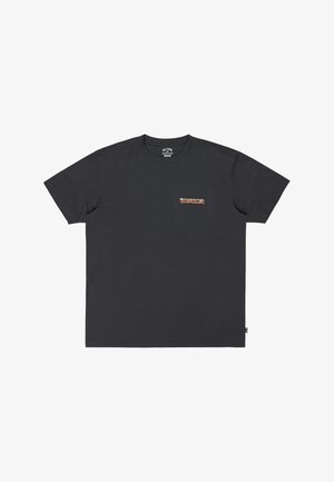 Black cotton t-shirt with short sleeves, crew neck, and a small orange logo on the left chest area. Smooth texture, regular fit.