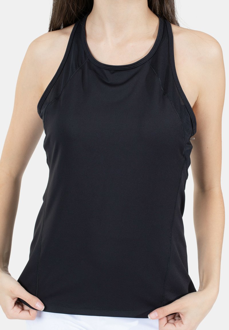 Zwarte sportieve tanktop met een ronde hals, racerback ontwerp en een gladde, textuurstof. Voorzien van platte naden en een getailleerde pasvorm.