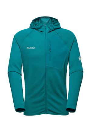 Tealfarbener Full-Zip Kapuzenjacke mit einer Brusttasche mit Reißverschluss, Mammut-Logo auf der Vorderseite und am Arm, langen Ärmeln und eng anliegenden Bündchen.